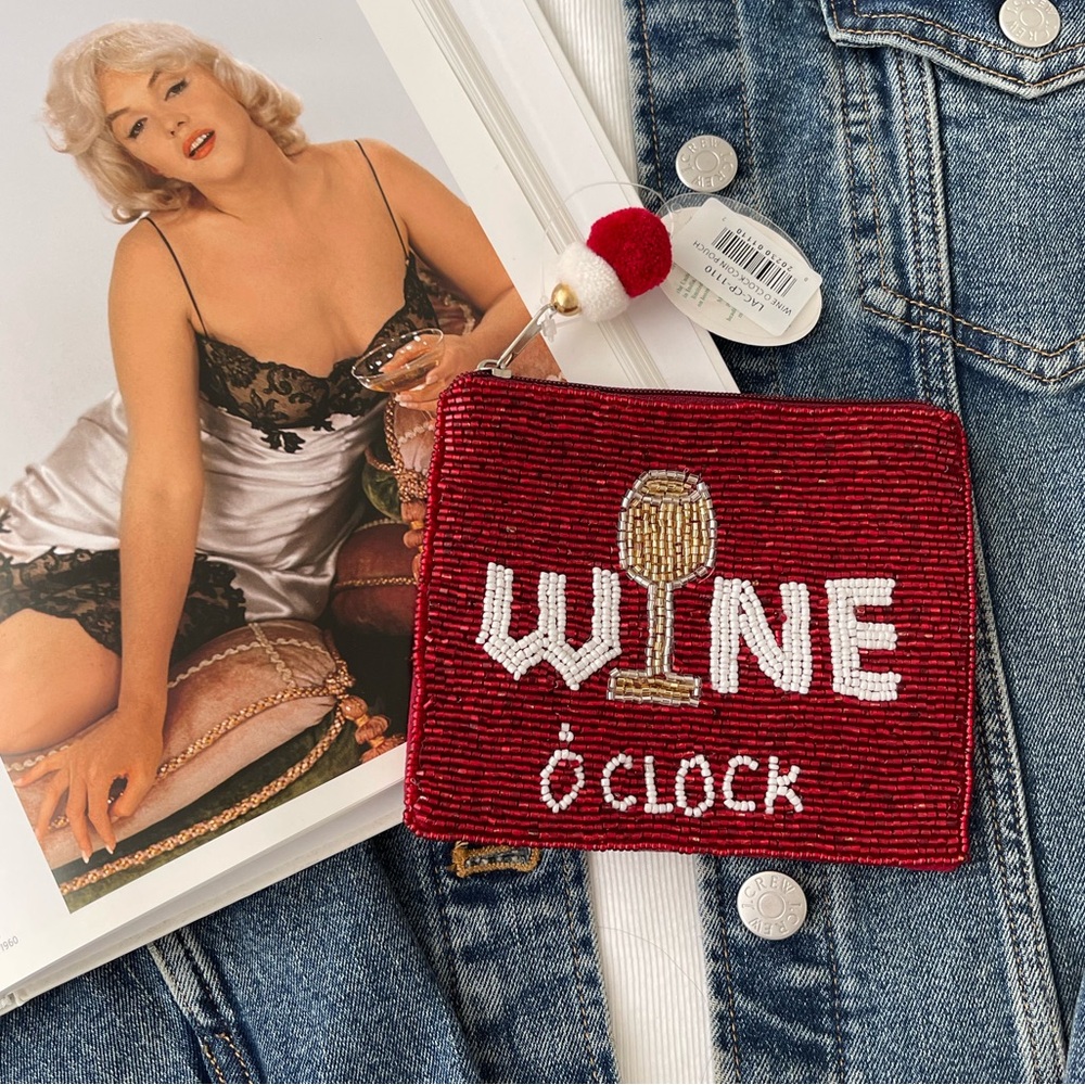 Wine O’clock Coin Pouch Seed Bead Coin Pouch Beaded Coin Bag Silver Beaded Purse
